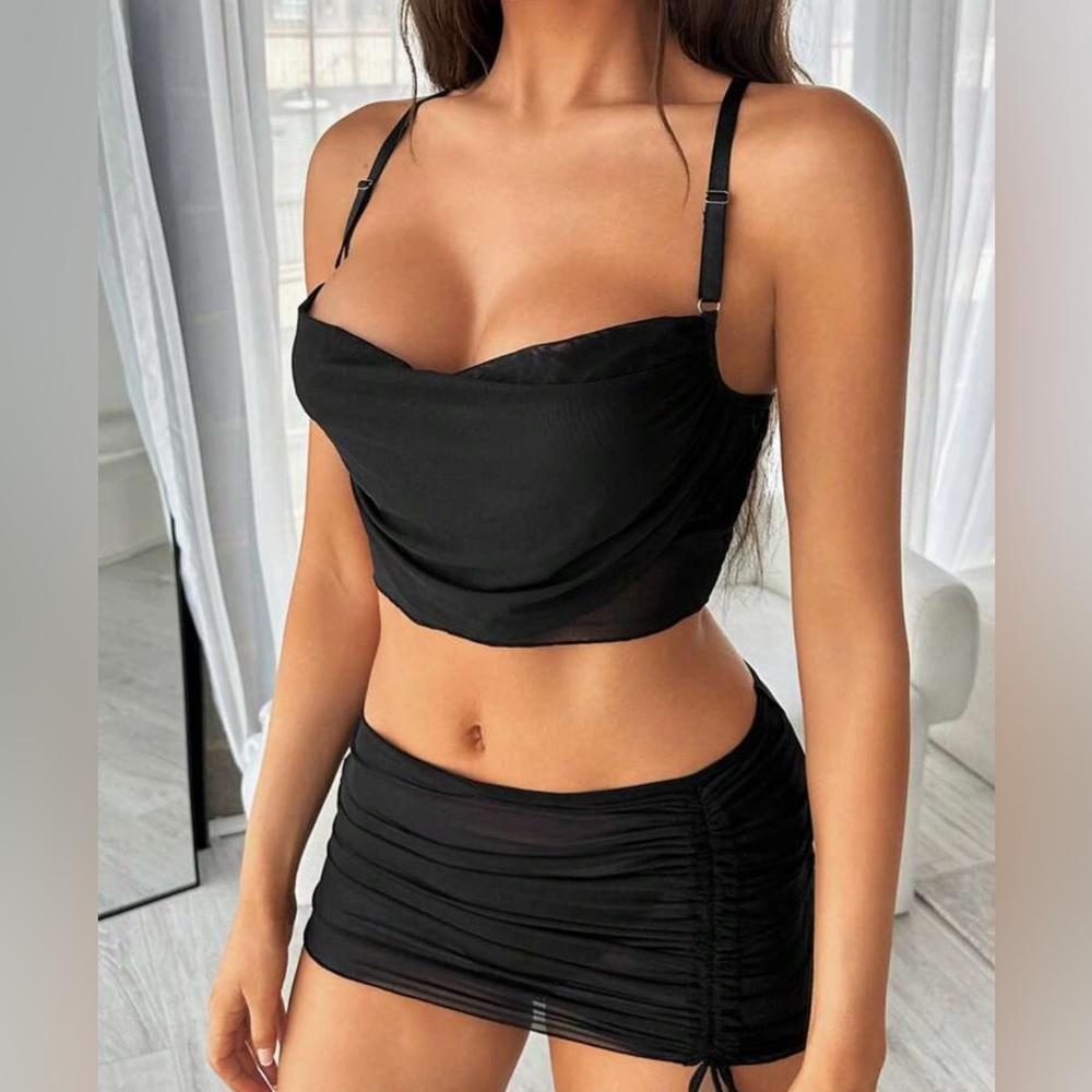3 Piece Set Sexy Mesh See Through Skirt Top Thong LINGERIE New Stripper Small